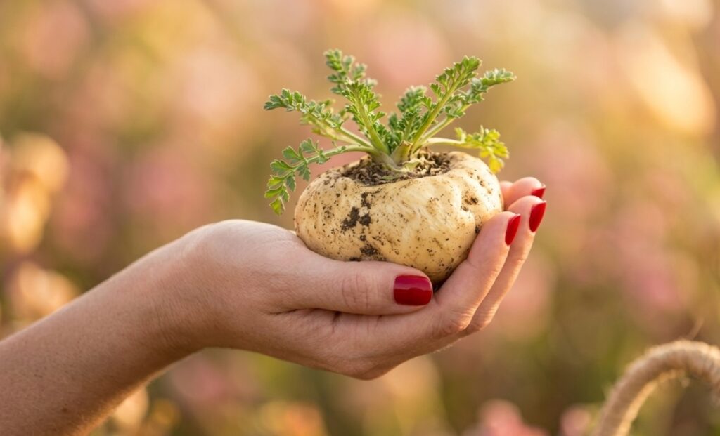 Peruvian maca root held in hand, best maca root supplements for women over 50