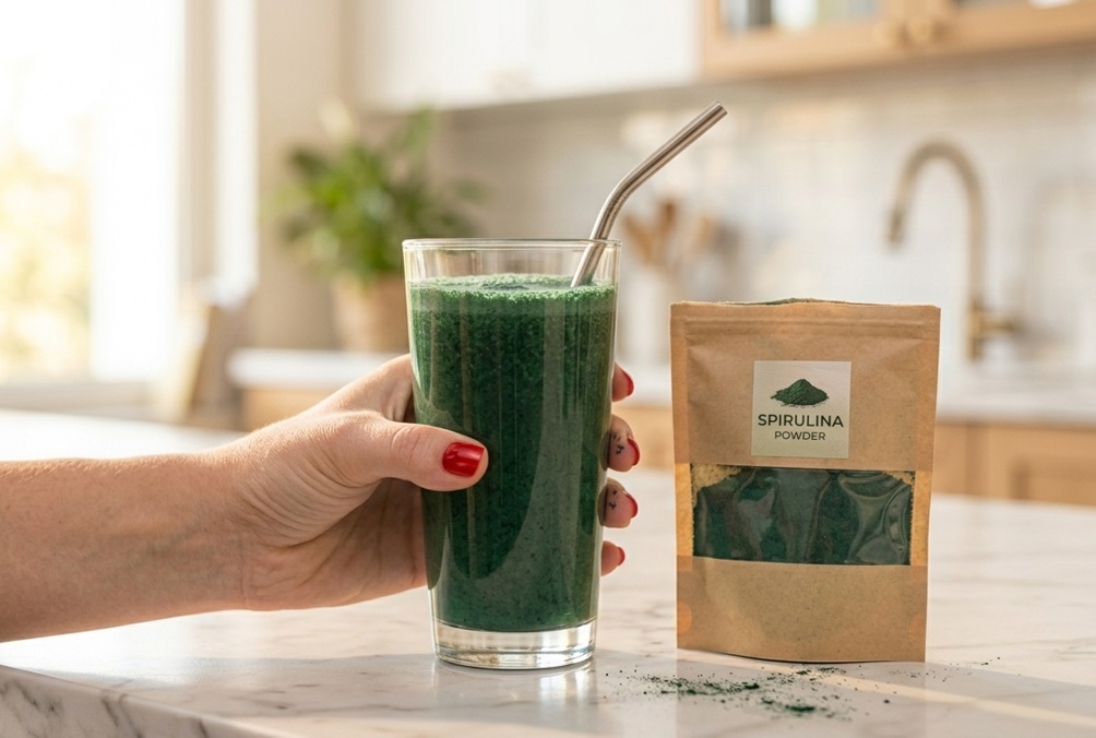 spirulina powder smoothie in glass, best spirulina supplements for women over 50