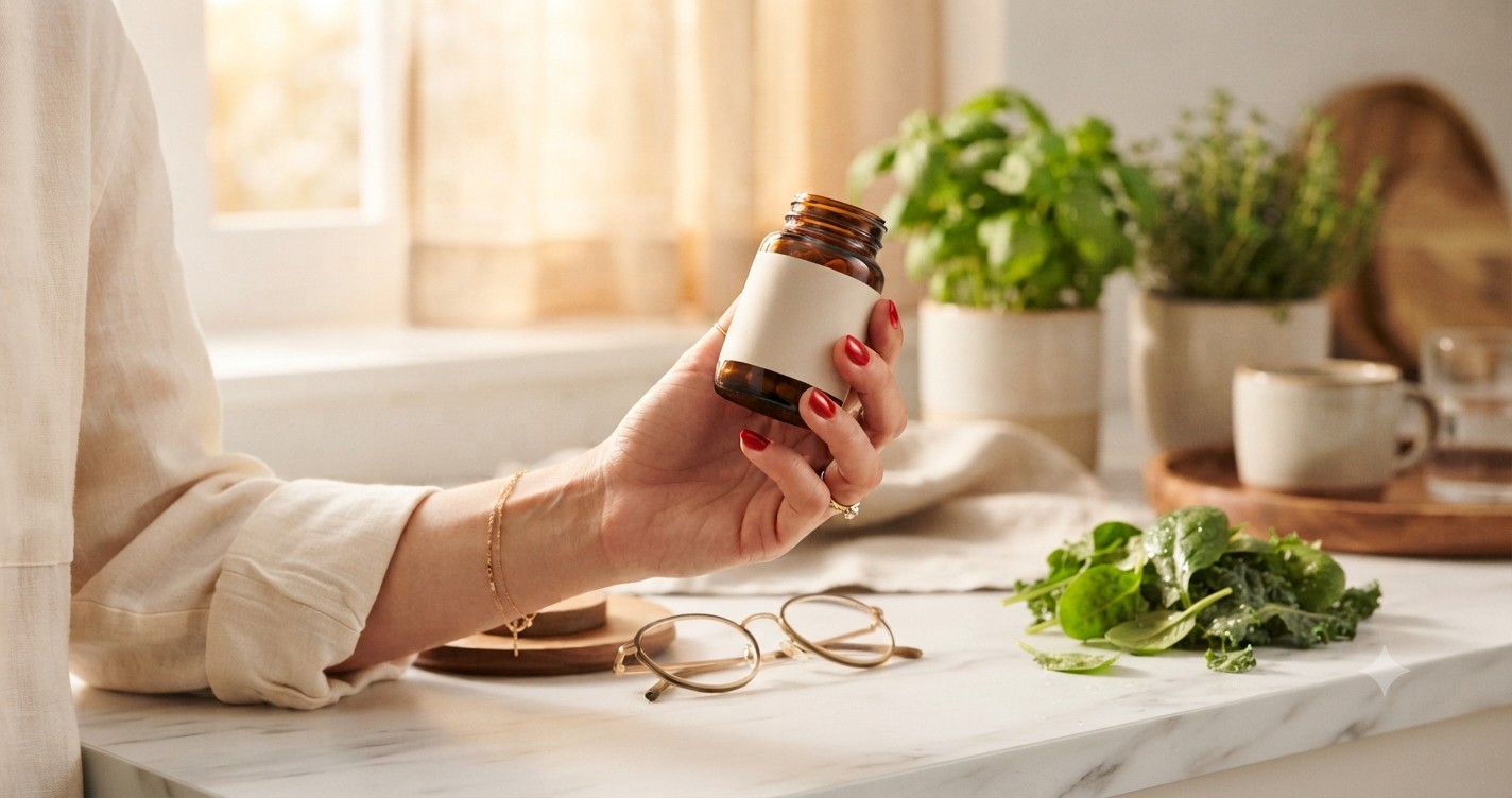 Hand holding eye health supplement bottle with reading glasses and leafy greens, best eye health supplements for women over 50